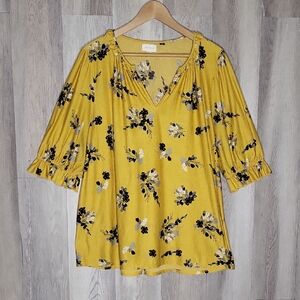 Melloday Anthropologie Womens 2X Floral Blouse V Neck Gauze Ruffle‎ Stretch